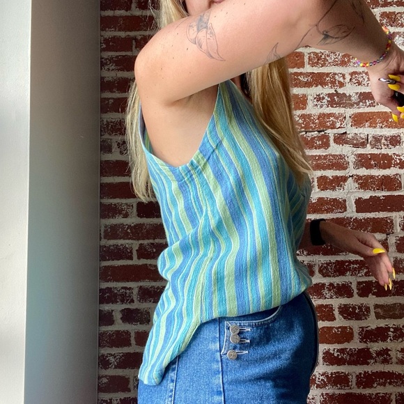 Linen blend blue and green striped tank - Picture 4 of 7